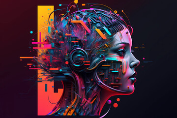 The concept of artificial intelligence. A woman's head in profile and microchips on black background. The invention of robots is a trendy illustration. Generative AI art.