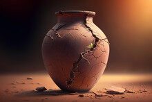 Antique Clay Vase With Cracks. Terracotta Jug On Dark Background, Beautiful Light. Monochrome Colors. Generative AI