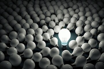 Canvas Print - The idea is represented by a single bright light bulb amongst a sea of other light bulbs. Generative AI