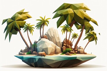 Sticker - Short polygonal illustration of an island with a coconut tree and a white background; sky replaced by a clipping path; s. Generative AI