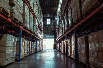  Warehouse or storage and shelves with cardboard boxes.