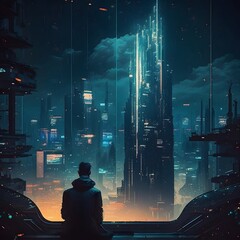 Wall Mural - futuristic city at night created using AI Generative Technology