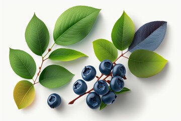 Wall Mural - Blueberry leaves with fresh blueberries on a white background. Excellent view. Generative AI