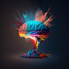 a brain bursting out in colorful particles of creativity, canvas splatter powder black white background particles flow knowledge explosive idea smoke holographic rainbow absorbs it Generative AI