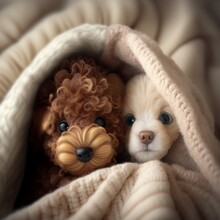 Cute Tiny Toy Poodle Puppy Hugs Happy Tabby Kitten Under White Warm Blanket On A Bed At Home. Top Down View. Empty Space For Text They Peek They Are Wrapped Up Brown  Generative AI
