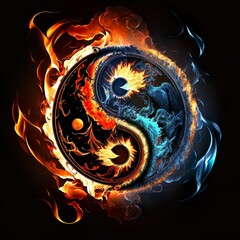 Wall Mural - Ying Yang fire and ice, day and night, good and evil logo, red and blue on black background, Generative AI