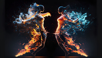 Wall Mural - abstract dance illustration, firedance, fire and flames, silhouette of fantasy magical dancing women