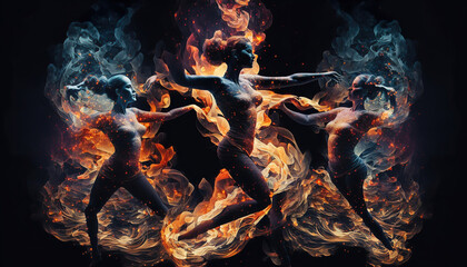 Wall Mural - abstract dance illustration, firedance, fire and flames, silhouette of fantasy magical dancing women