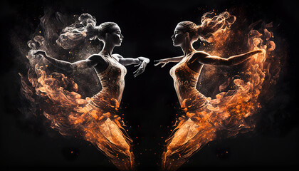 Wall Mural - abstract dance illustration, firedance, fire and flames, silhouette of fantasy magical dancing women