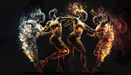 Wall Mural - abstract dance illustration, firedance, fire and flames, silhouette of fantasy magical dancing women