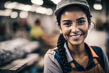 Smiling Young Hispanic Woman Worker In A Market Wearing An Orange Work Apron And Visor Cap, With Market Background. Concept Of Female Labor Integration