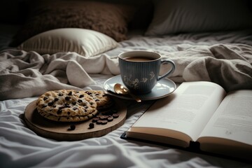 Wall Mural - White sheets, two mugs of hot coffee, an open book, and a plate of cookies. A leisurely morning spent in bed reading and eating breakfast. Hygge is a concept. Generative AI