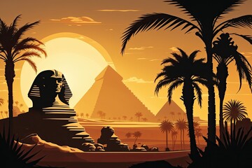 Wall Mural - Nile valley sunset with pyramids, the Great Sphinx, and palm tree silhouettes. You can use the ancient Egyptian locations and symbols as part of your Africa tour theme, all bathed in warm, golden ligh