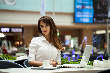 Sticker - Young beautiful business woman drinking coffee