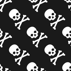 Wall Mural - White skulls and crossed bones on black background. Vector seamless pattern. Best for textile, print, wrapping paper, package and decoration.