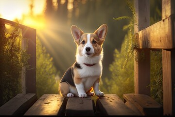 Wall Mural - A welsh corgi pembroke puppy in tricolor sitting on a wooden bridge in the midst of some green shrubs as the sun goes down over a gorgeous summer scene. Posing for the camera and staring at it