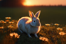 Cute Rabbit On Green Lawn With Daisies At Sunset. Bunny On Walk On Green Grass With Wild Flowers, Chamomiles. Generative AI.
