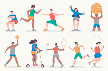Aufkleber - People do fitness set in flat design. Men and women running, exercising with dumbbells and balls, rope jump, yoga asanas. Bundle of diverse characters. Vector illustration isolated persons for web