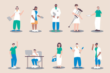 medical staff people set in flat design. men and women work in hospital, nurses and doctors, dentist