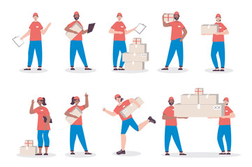Aufkleber - Delivery staff people set in flat design. Men and women work in warehouse, couriers and workers carrying parcels and boxes. Bundle of diverse characters. Vector illustration isolated persons for web