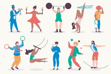 Wall Mural - People work in circus set in flat design. Men and women performing as jugglers, acrobats, clowns, magician and other staff. Bundle of diverse characters. Vector illustration isolated persons for web