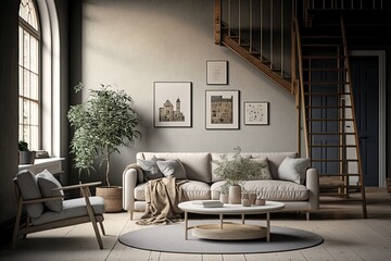 beige couch in a chic living room with a gray light, a wooden ladder, and a round wooden table. gene