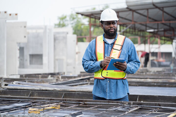 Wall Mural - Foreman builder male inspecting construction iron lines for building foundation quality at construction site