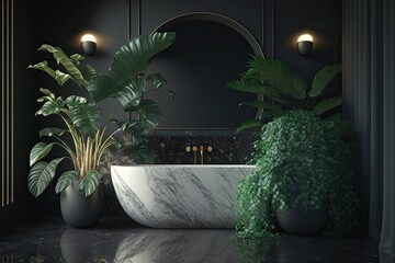 Wall Mural - View of a contemporary luxury bathroom with a bathtub set against a background of dark marble and some houseplants on the side. Performing a simulation. Generative AI