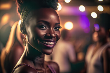 portrait of a beautiful african american woman in a club, generative ai