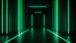 © Катерина Нагірна - 3d render, abstract geometric background with green glowing neon. Laser linear shape glowing in the dark. Modern room, corridor design