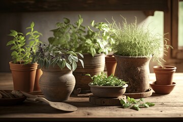 Poster - Herbs in pots on a wooden table in the house. Generative AI