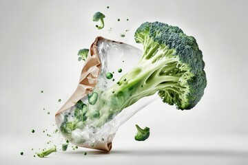 Poster - A plastic bag burst, releasing a mess of thawed broccoli. There is copy space on a light background. Concentration only on certain aspects. Generative AI