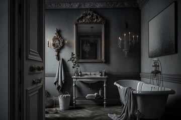 grey walls, a tub, a sink, and a towel rack make up this bathroom. imagery depicting a sumptuous hom