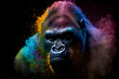 Gorilla on dark background with colorful powder explosion all around - Generative AI