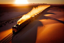 Cargo Train Passing Through A Desert At Sunset - Generative AI
