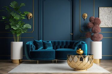 Wall Mural - Design for a chic contemporary living room with a blue velvet sofa, a pouf, a side table in gold metal, some potted plants, and some contemporary decorative accents. Interior wall painted a deep blue