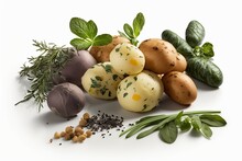 Vegetables And Herbs, Including A Variety Of Raw Potatoes, Piled Over A White Background. Generative AI