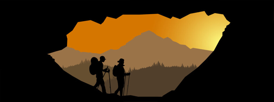 Fototapete - Silhouette of hiker hiking man and woman in the mountains landscape panorama background, sunrise sunset sunset illustration icon vector for logo hiking adventure wildlife