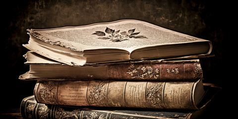 Wall Mural - an ancient book with an ancient feel is displayed upon a vintage background of a library, with readi