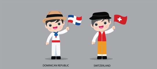 Wall Mural - People in national dress.Dominican Republic,Switzerland,Set of pairs dressed in traditional costume. National clothes. Vector illustration.