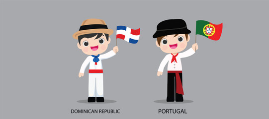Wall Mural - People in national dress.Dominican Republic,Portugal,Set of pairs dressed in traditional costume. National clothes. Vector illustration.