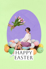 Poster - Girlfriend lady sitting on big Easter wreath painted eggs decor receive tulip bunch secret delivery service wonder who address