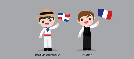 Wall Mural - People in national dress.Dominican Republic,France,Set of pairs dressed in traditional costume. National clothes. Vector illustration.