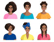 © Oksana_Skryp - Portraits of smiling African women. A group of dark-skinned women with various afro hairstyles. Beautiful female portraits isolated on white. Great for avatars. Cartoon style, vector.