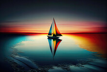 A Sailboat Sailing On A Calm Sea With A Colorful Sunset. - Generative AI