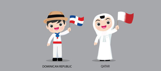 Wall Mural - People in national dress.Dominican Republic,Qatar,Set of pairs dressed in traditional costume. National clothes. Vector illustration.