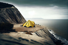 A Tent Pitched On A Cliff Overlooking The Ocean. - Generative AI