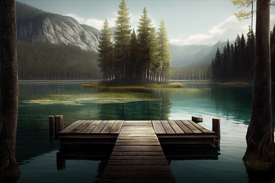 serene lake with wooden dock - generative ai