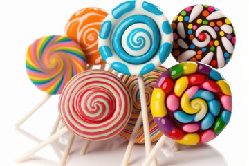 Poster - Closeup of scrumptious candy lollipops, posed on a white background. Generative AI