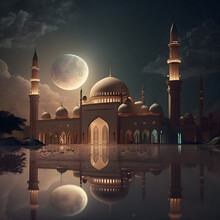 A Full Moon Is Shining Over A Mosque In A Dark Scene
